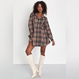 Lulus - Autumnal Attitude Brown Plaid Skater Mini Dress With Pockets